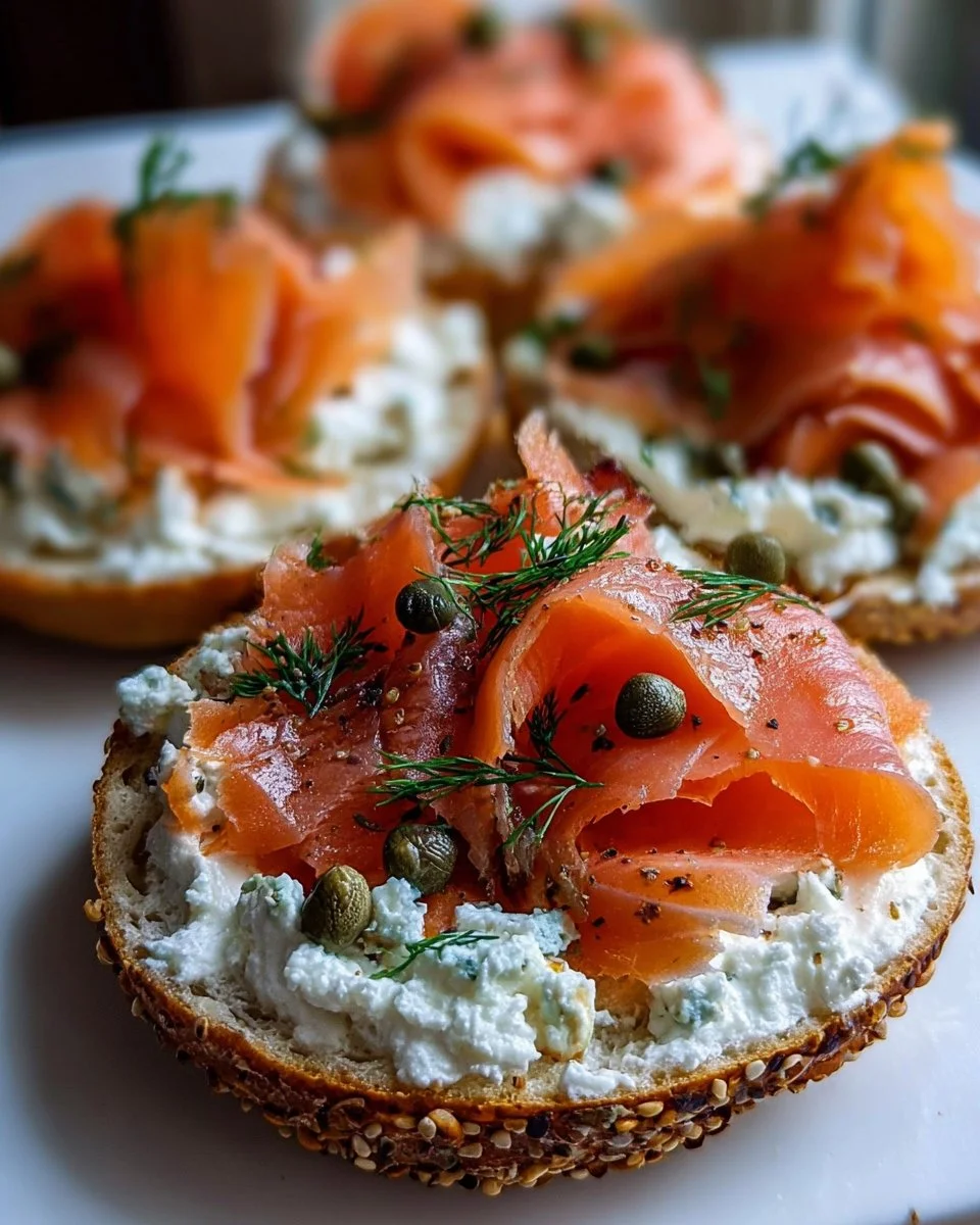 Cottage cheese bagels topped with fresh salmon and herbs.