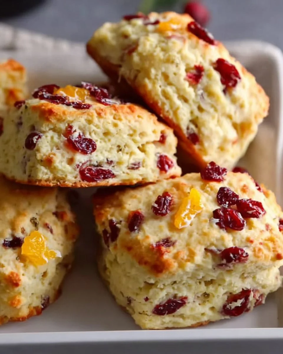 Freshly baked Cranberry Orange Scones on a plate with a side of orange slices.
