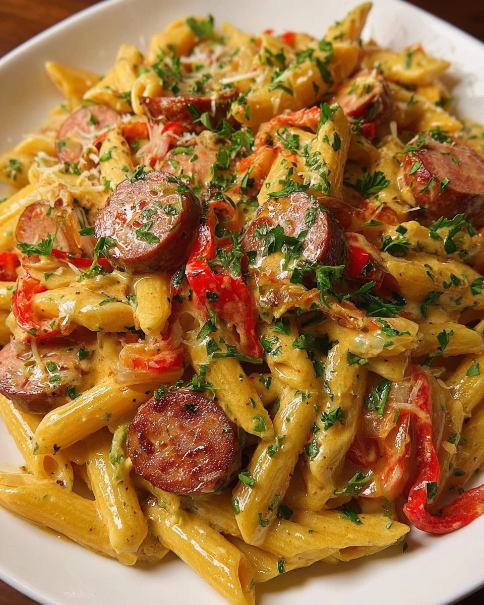 Creamy Cajun sausage pasta served in a bowl with herbs and spices