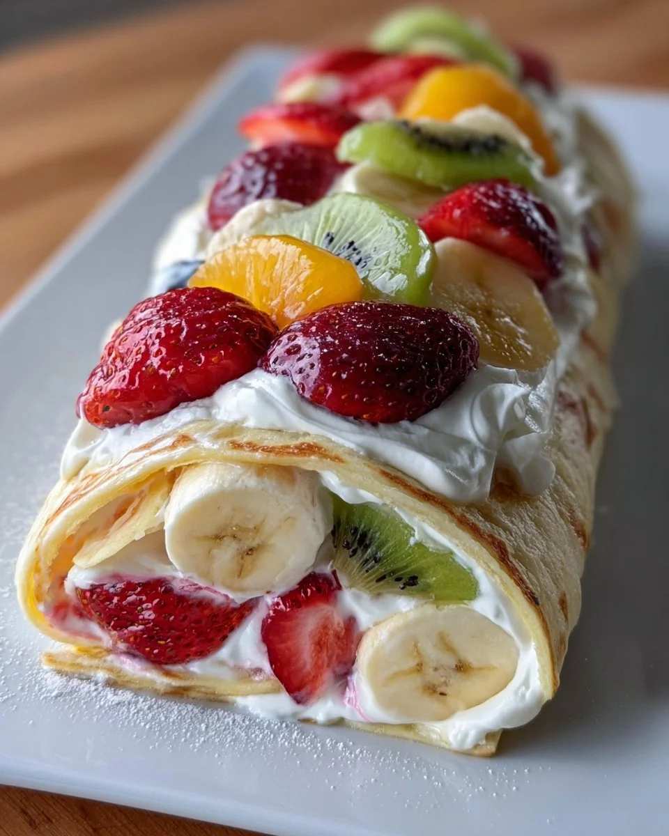 Creamy fruit salad rollups filled with colorful fruits and a creamy dressing