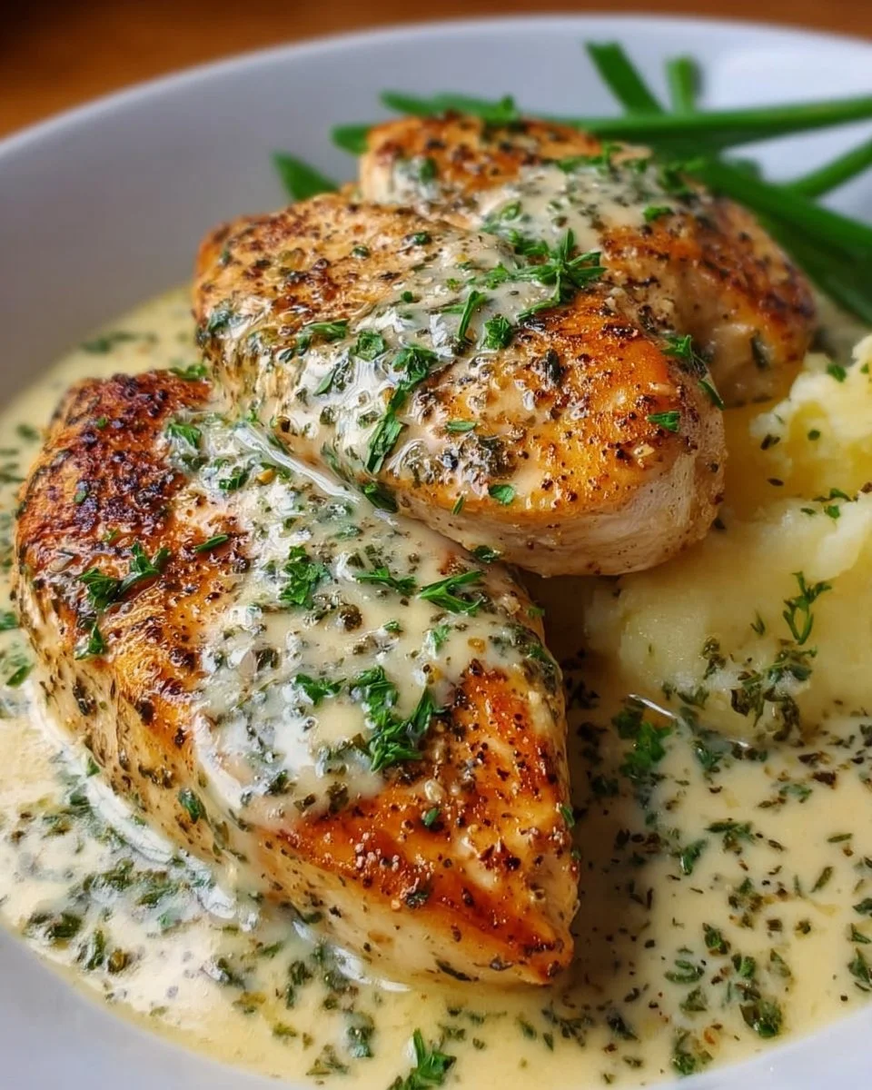Creamy garlic chicken pan dish served garnished with herbs