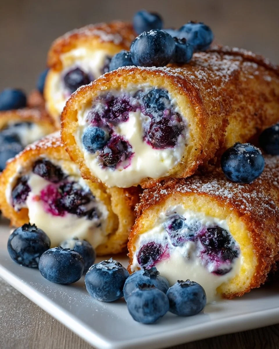 Crispy keto blueberry cream cheese roll-ups on a plate