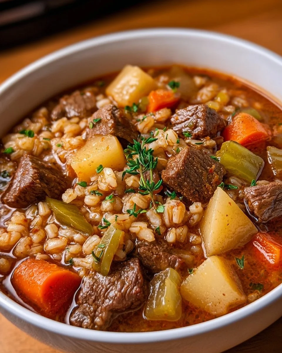 Crockpot Beef Barley Soup in a bowl garnished with herbs