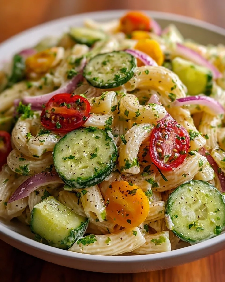 Cucumber Pasta Salad with fresh vegetables and dressing