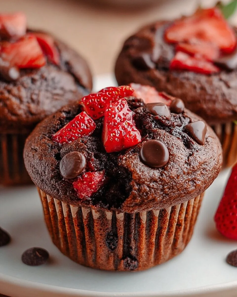 Double chocolate strawberry muffins made with fresh strawberries
