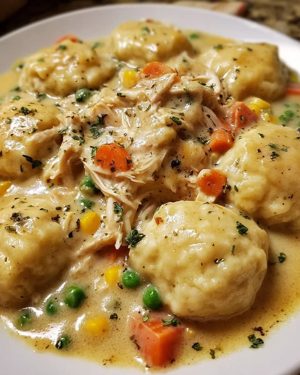 Delicious crockpot chicken and dumplings ready to serve in a cozy setting.