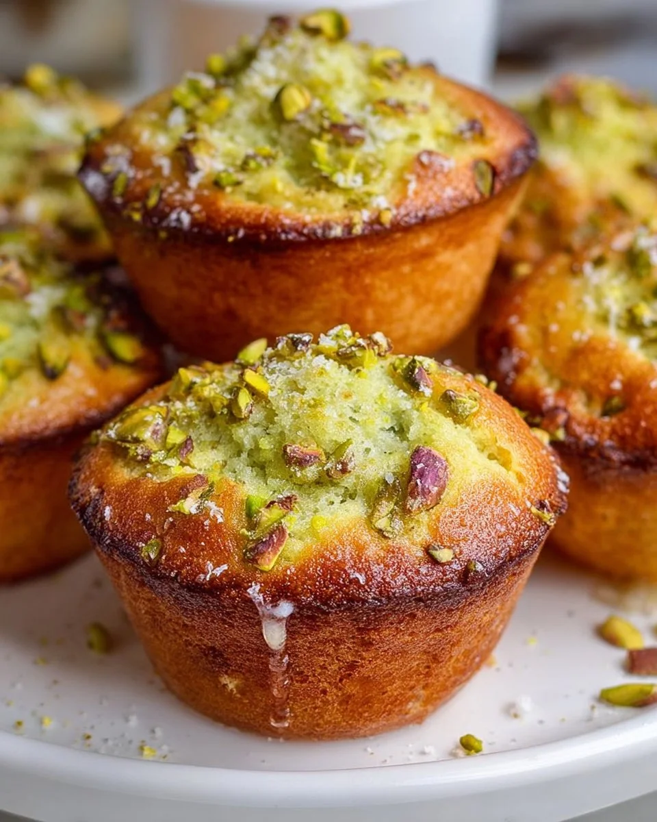 Delicious easy bakery-style pistachio muffins on a plate
