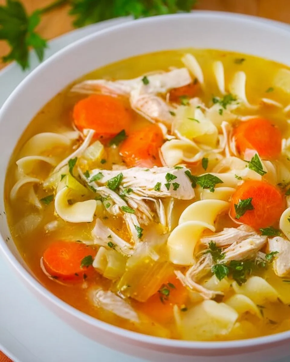 Bowl of easy chicken noodle soup with vegetables and noodles