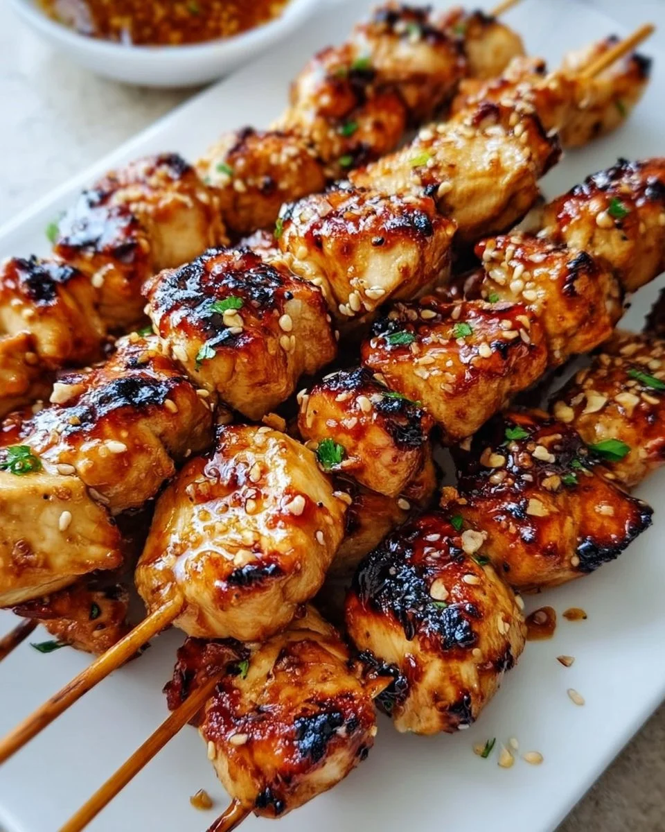 Easy grilled chicken skewers with honey garlic sauce served on a plate