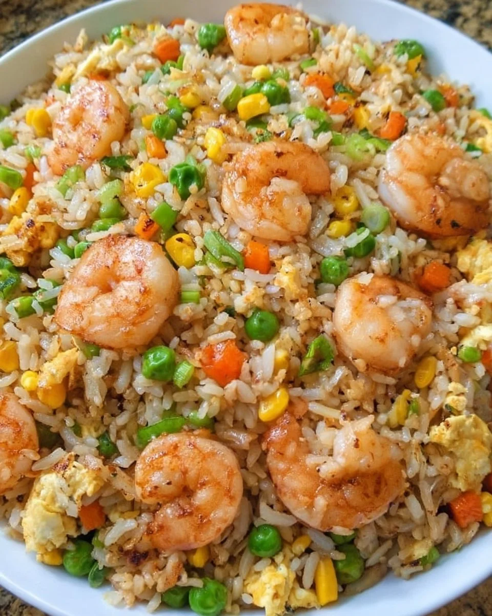 Delicious easy shrimp fried rice served in a bowl with vegetables and shrimp