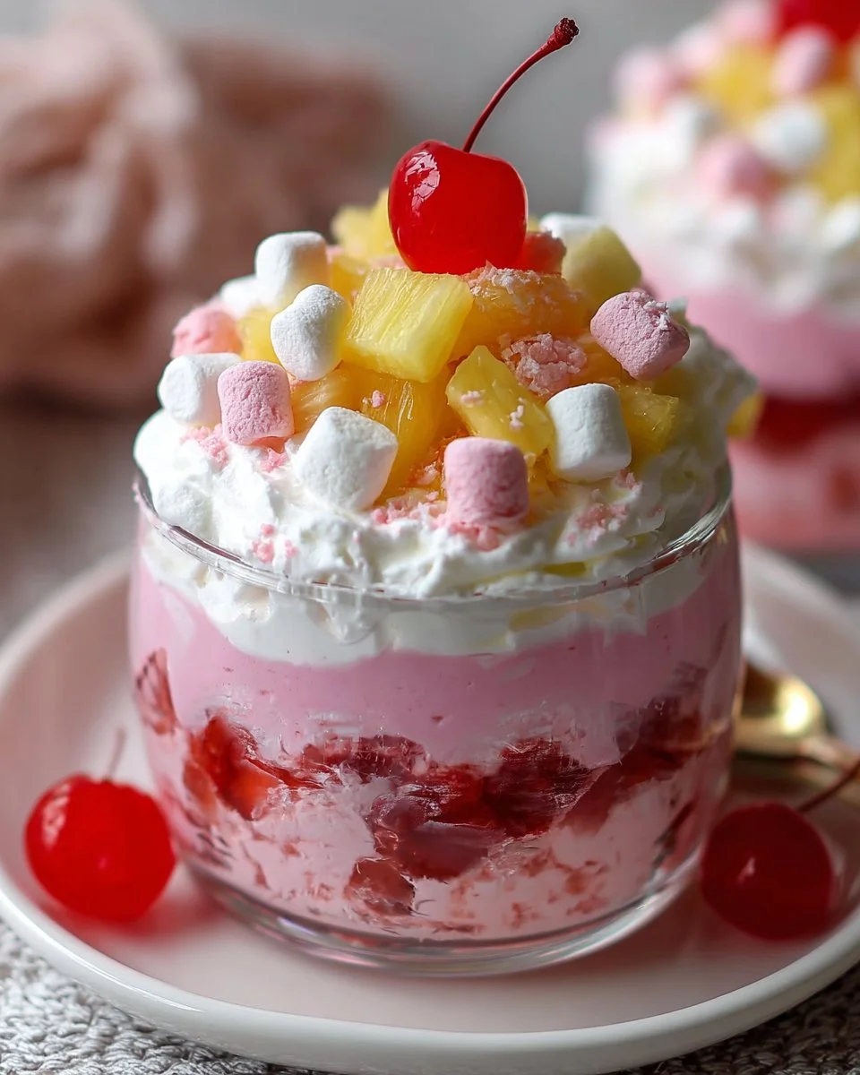 Fluffy Pink Stuff fruit dessert in a serving bowl with fresh fruits