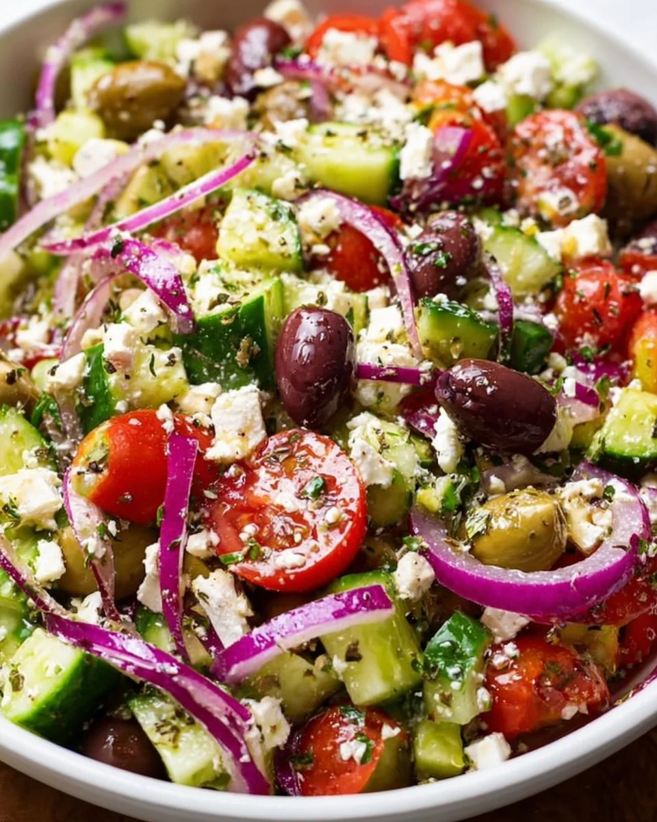 Fresh Greek salad with cucumbers, tomatoes, olives, and feta cheese