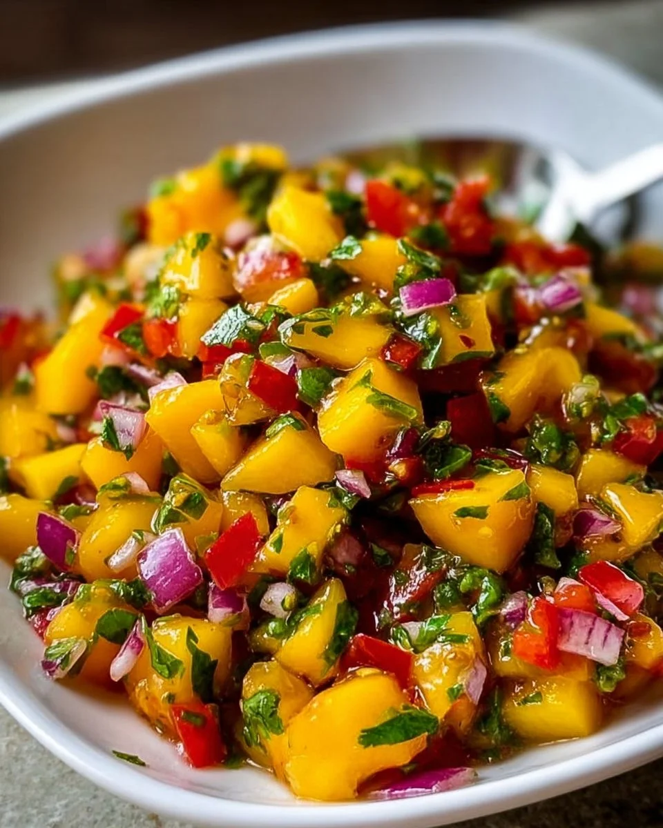 Bowl of fresh mango salsa with colorful ingredients ready to serve.