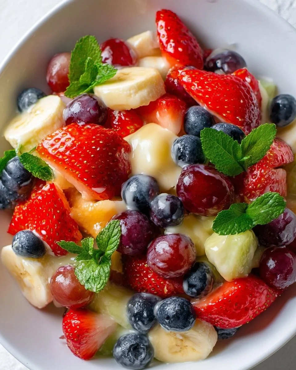 A vibrant fruit salad topped with creamy vanilla pudding in a bowl.