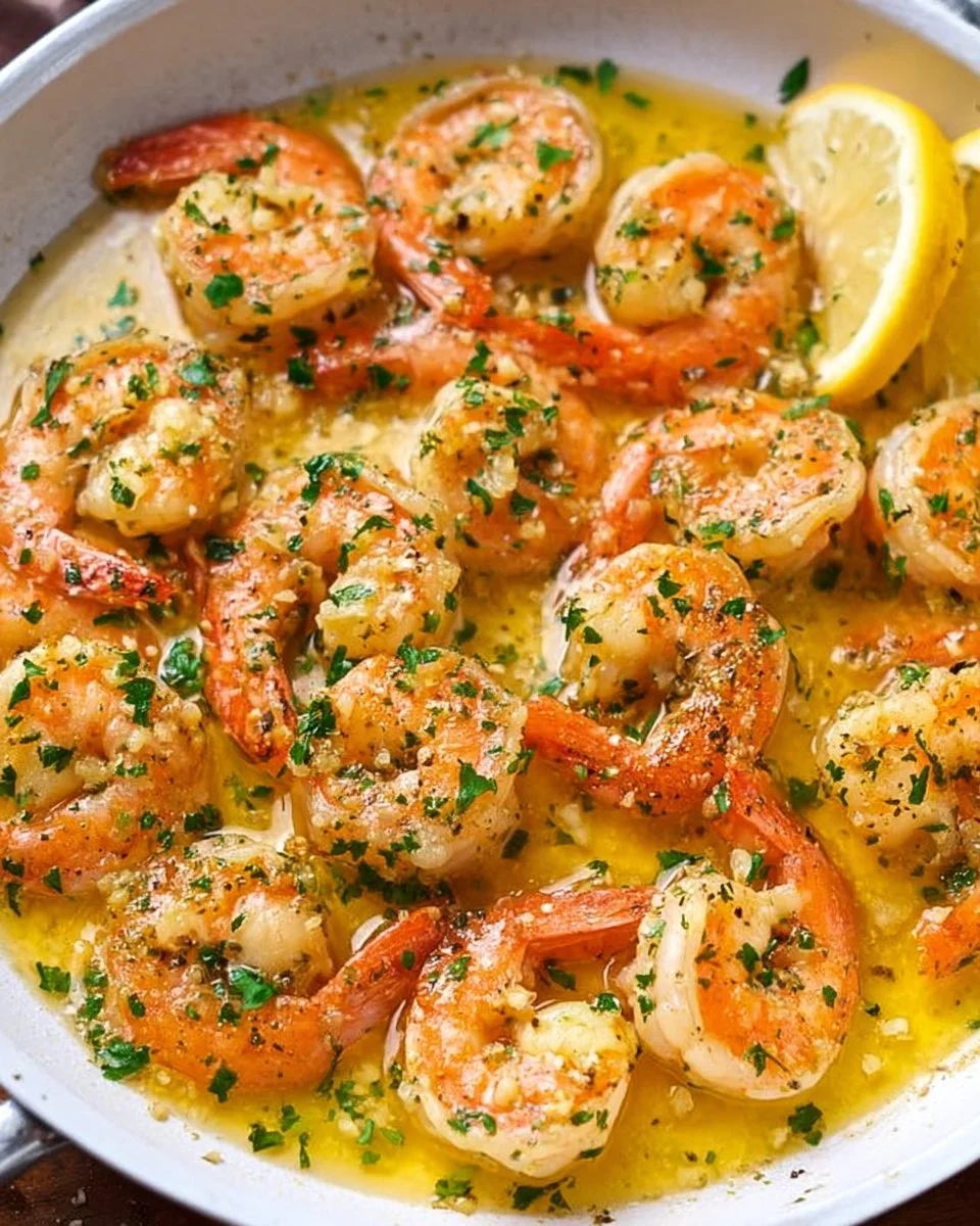 Delicious garlic butter shrimp served with fresh herbs and lemon