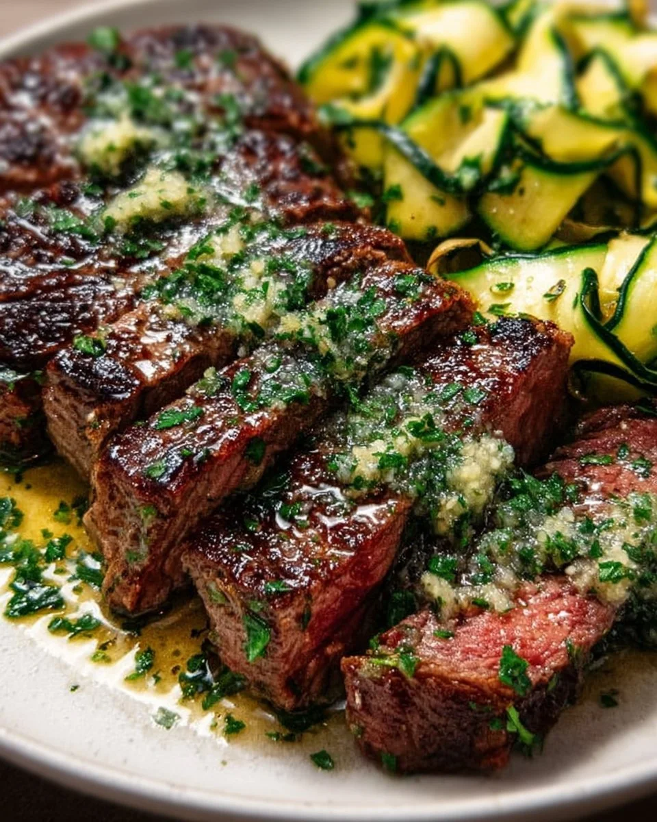 Garlic Butter Steak plated with Zucchini Ribbons for a flavorful meal