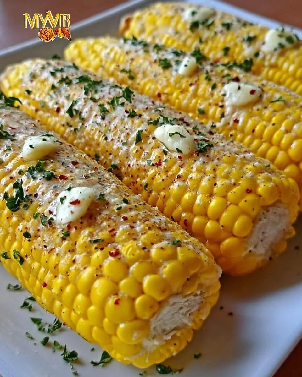 Delicious garlic parmesan corn on the cob topped with cheese and herbs.