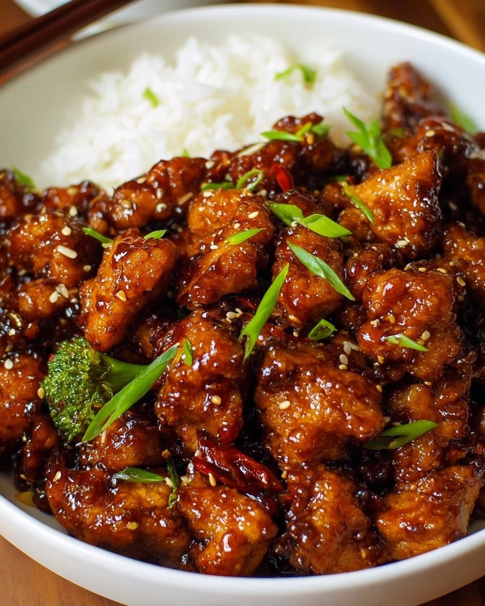 Plate of General Tso's Chicken garnished with broccoli and sesame seeds