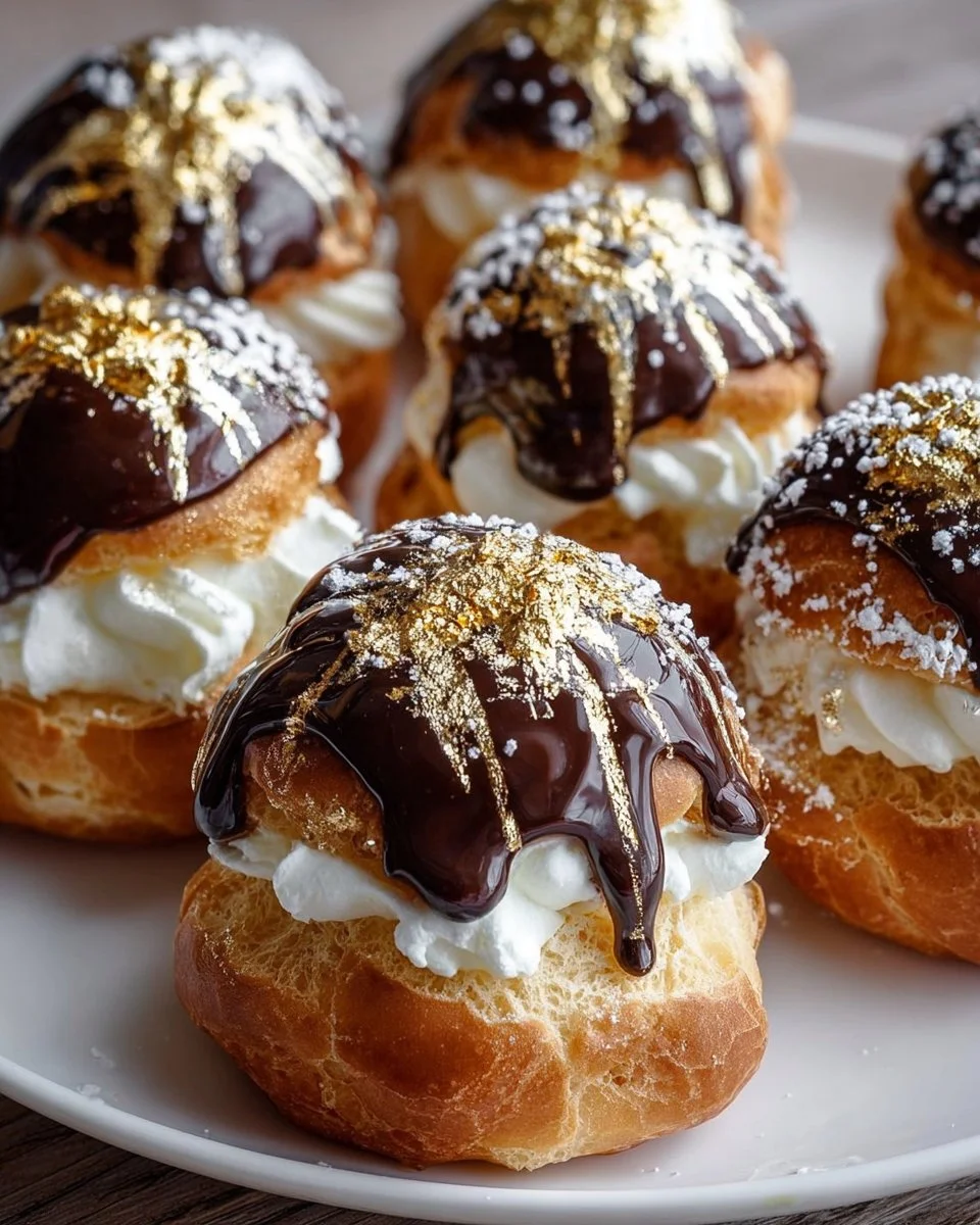 Gold dusted chocolate profiteroles garnished elegantly for a gourmet dessert experience.