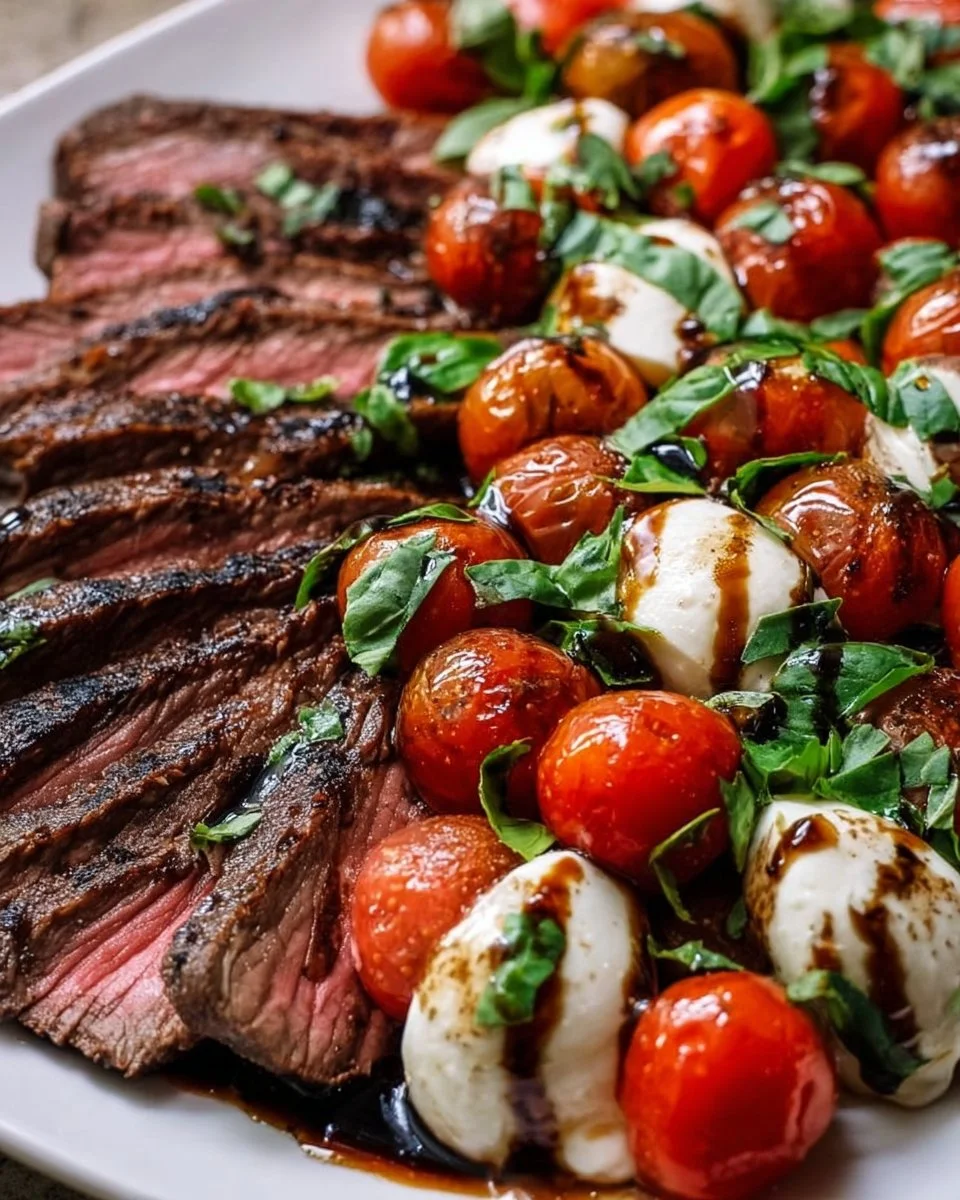Delicious grilled flank steak caprese with fresh tomatoes and basil.