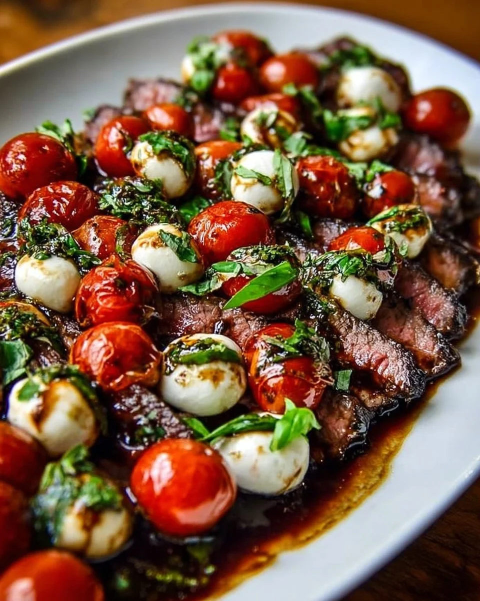 Grilled flank steak Caprese with balsamic dressing on a platter
