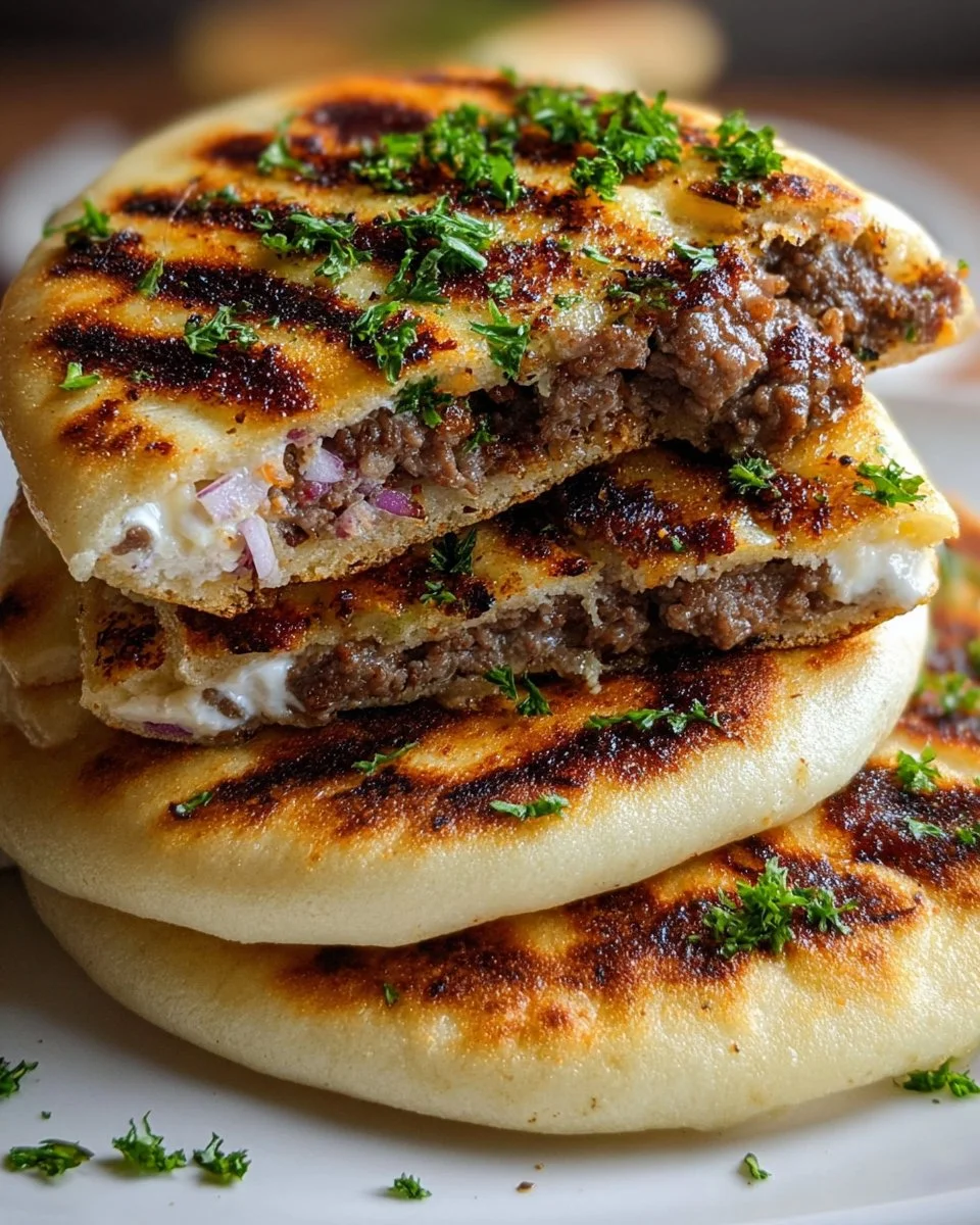 Grilled lamb pita arayes served with fresh herbs and spices.