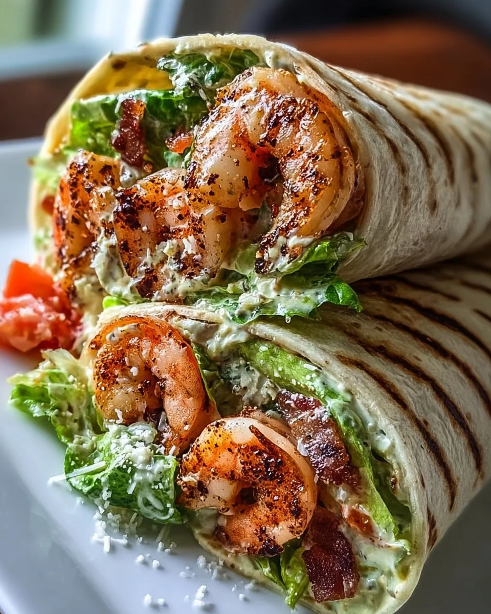 Grilled shrimp Caesar wraps on a wooden platter with fresh greens and dressing