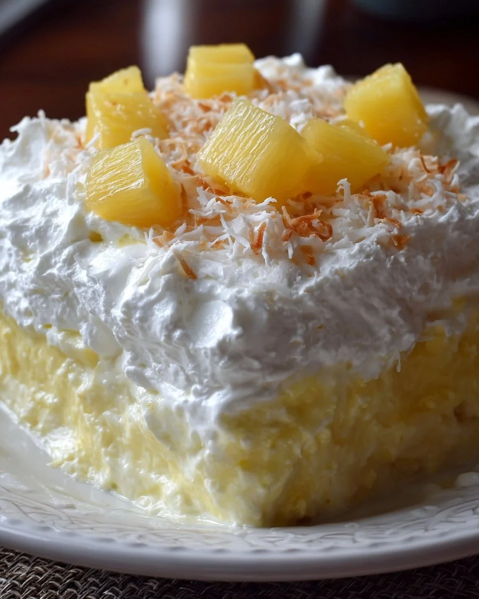 Delicious Hawaiian Pineapple Coconut Fluff dessert featuring coconut and pineapple layers