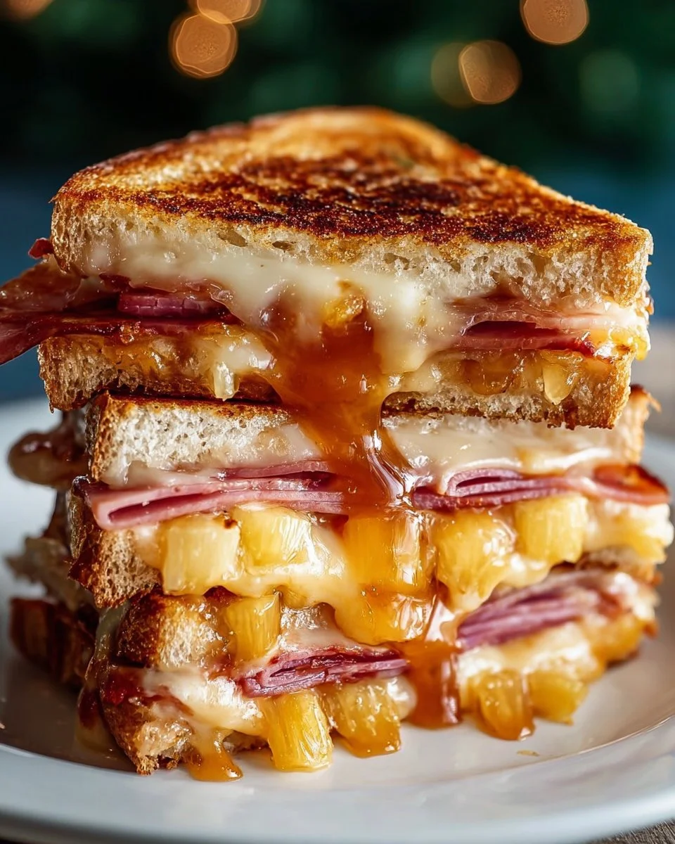 Hawaiian pizza grilled cheese sandwich with cheese, ham, and pineapple