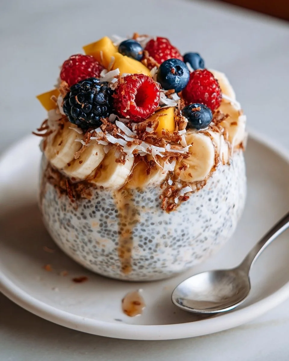 Healthy coconut cream overnight oats topped with fresh fruits and nuts