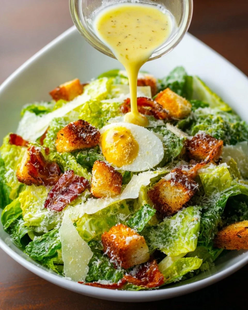 Homemade Caesar salad dressing in a bowl with fresh ingredients.