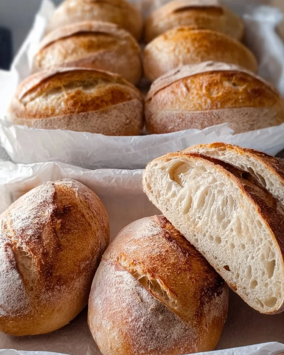 Freshly baked homemade mini sourdough loaves on a wooden table