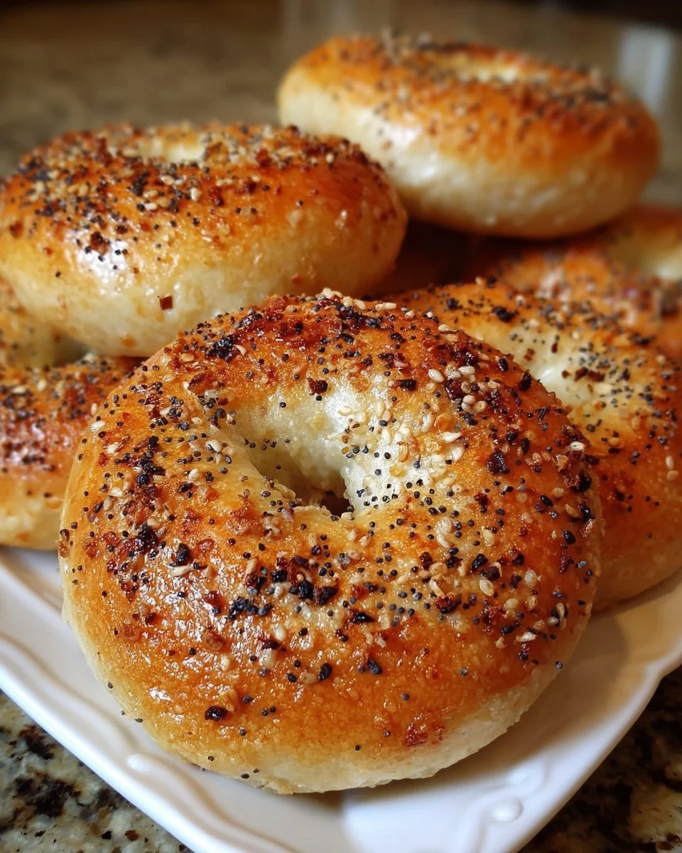 Freshly baked homemade sourdough bagels with a golden crust and chewy texture.