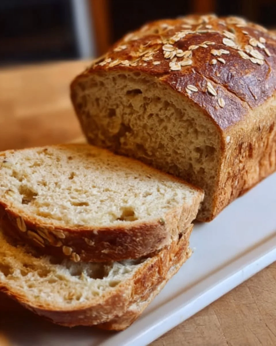 Loaf of Honey Oatmeal Sourdough Sandwich Bread on a wooden cutting board.