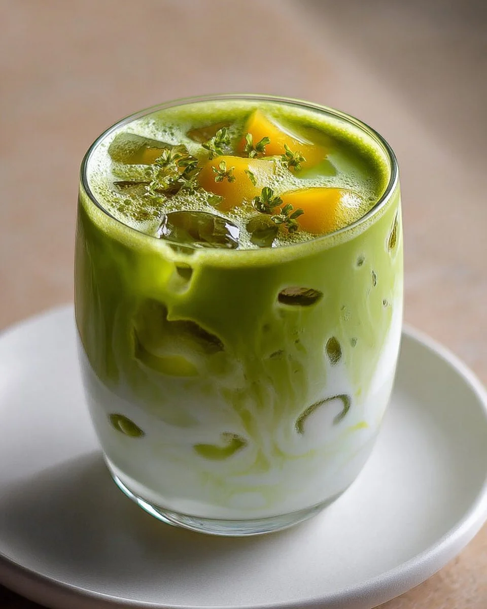 Iced Mango Matcha Latte served in a glass with vibrant colors and fresh ingredients