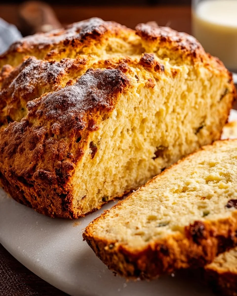 Freshly baked Irish Soda Bread loaf on a wooden cutting board