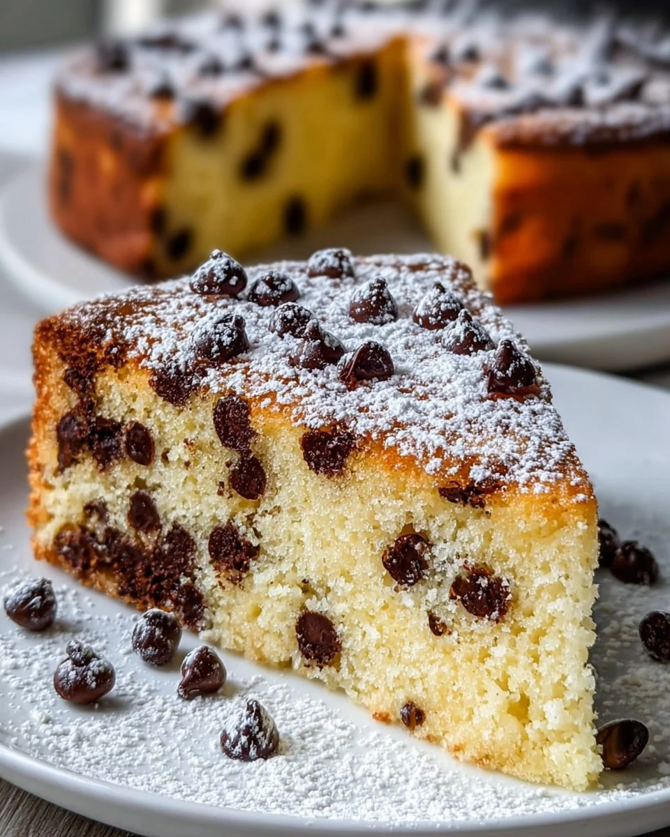 Slice of Italian Chocolate Chip Ricotta Cake topped with chocolate chips.