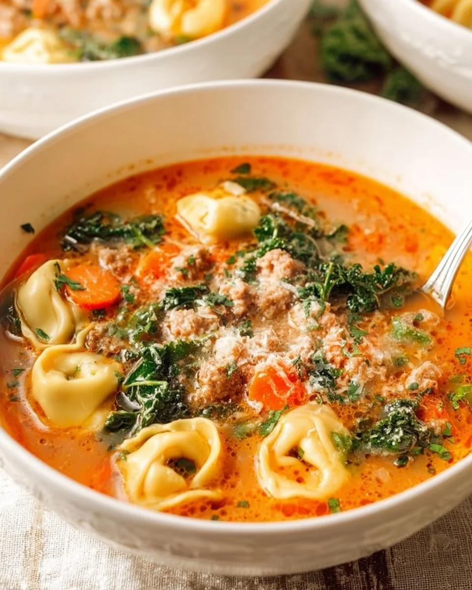 Bowl of Italian Sausage Tortellini Soup garnished with herbs and spices.