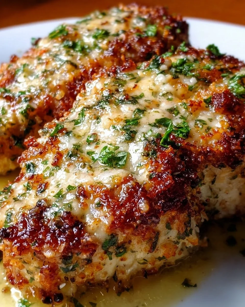 Delicious garlic parmesan chicken served on a plate with herbs