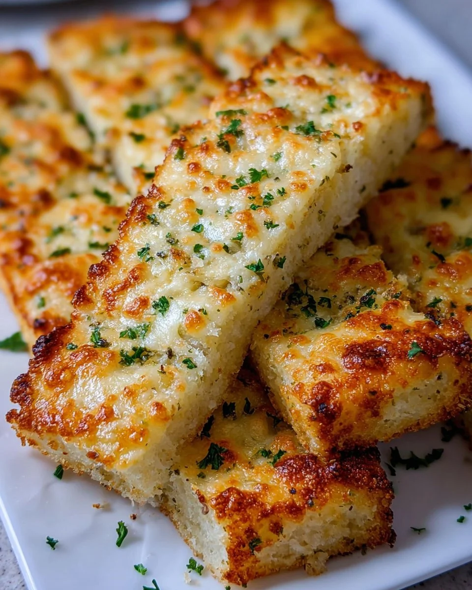 Keto Garlic Breadsticks served on a wooden board with garlic and herbs