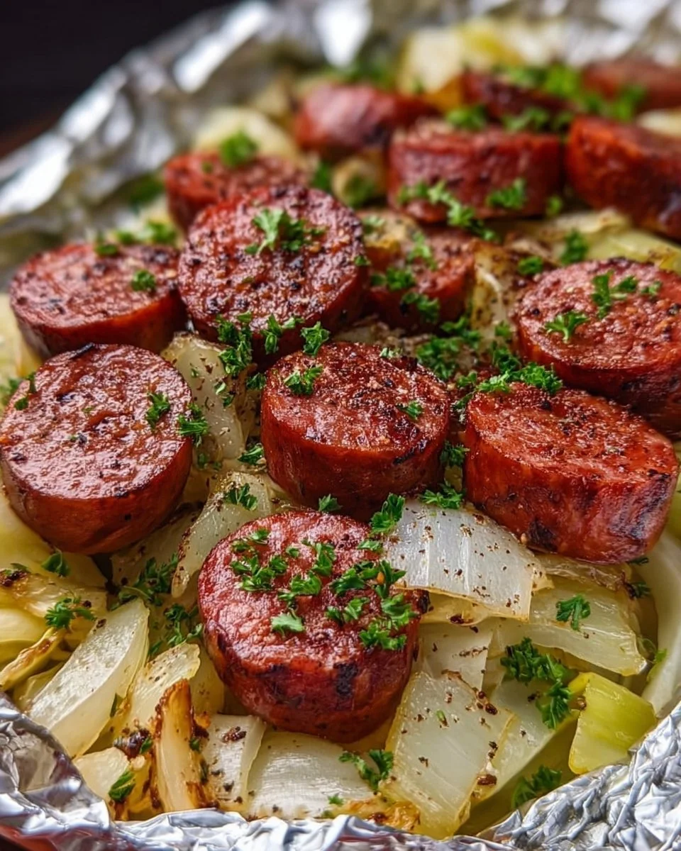 Kielbasa and cabbage foil packs ready for grilling