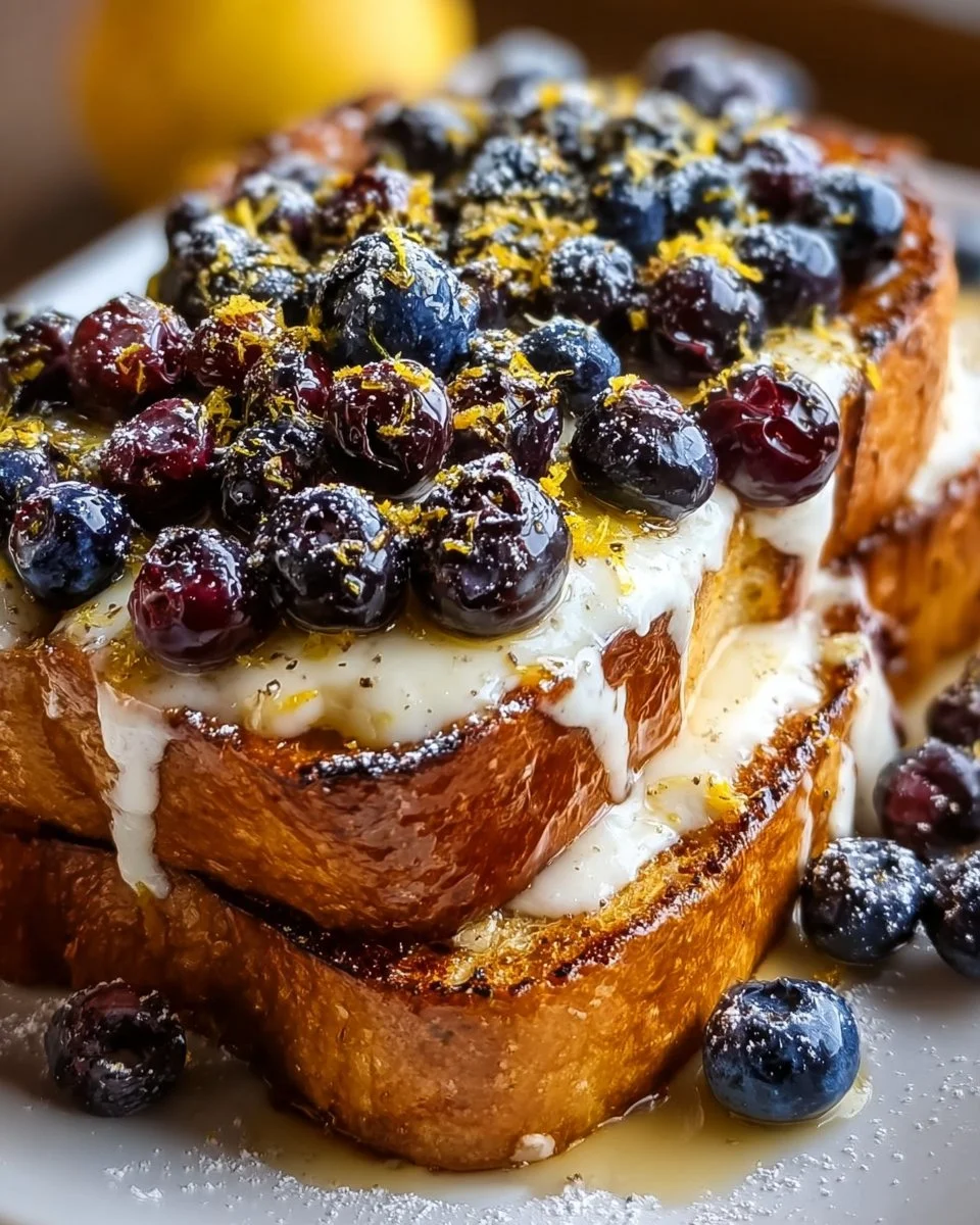 Slice of lemon blueberry sourdough toast topped with fresh blueberries