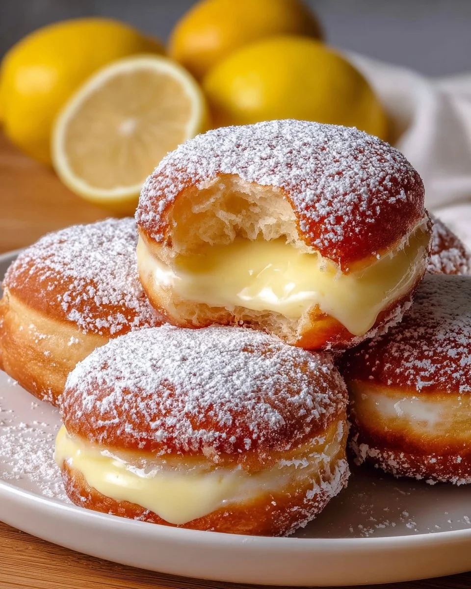 Delicious lemon cream filled donuts topped with powdered sugar.