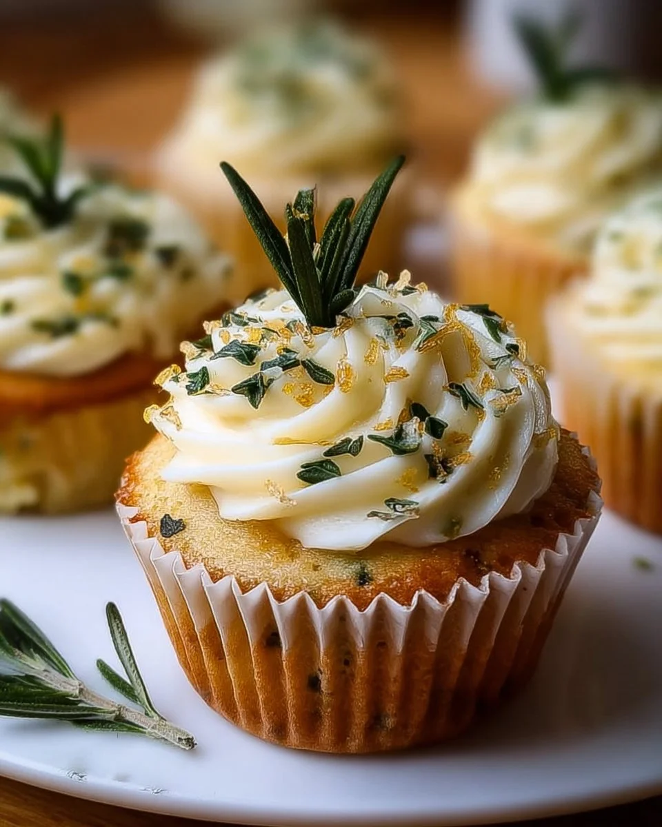 Delicious lemon thyme rosemary cupcakes decorated with fresh herbs.