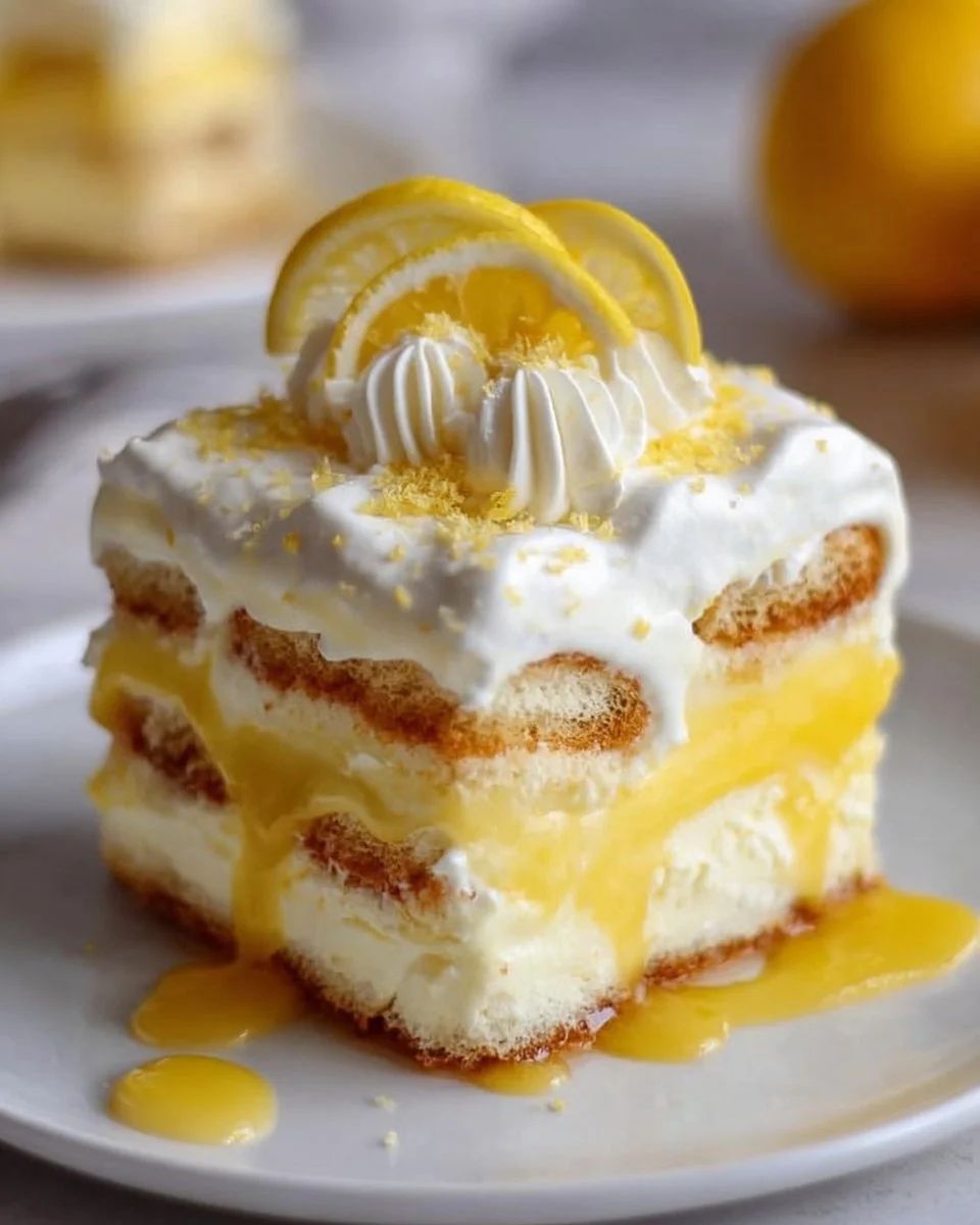 Delicious lemon tiramisu dessert with layers of lemon cream and ladyfingers