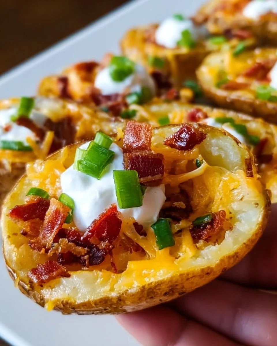 Loaded potato skins topped with cheese and bacon served on a plate.