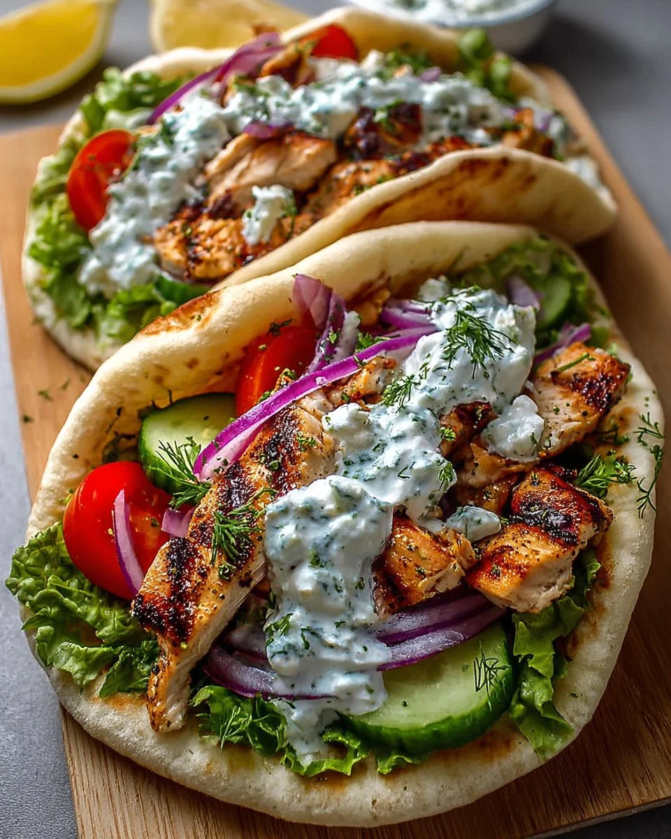 Mediterranean Chicken Gyros with fresh toppings in a warm pita