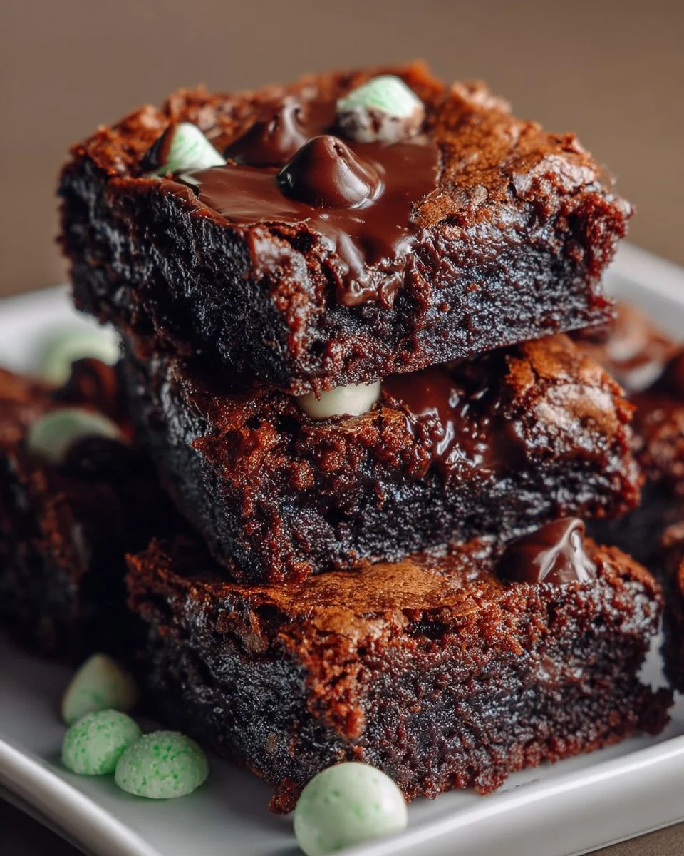 Mint Chocolate Chip Brownies with chocolate chips and mint frosting