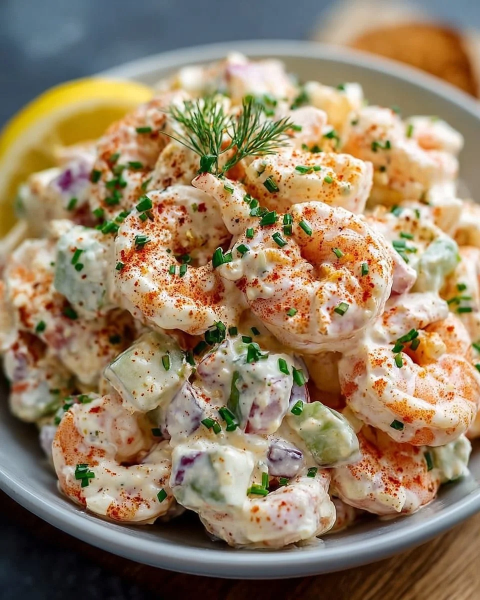 Delicious creamy shrimp salad served in a bowl, inspired by New York deli recipes.