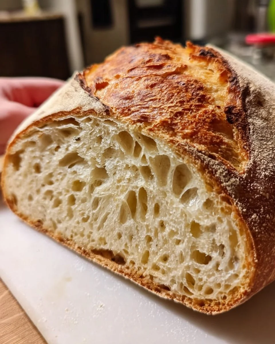 Freshly baked no-bulk-fermentation sourdough bread on a wooden table.